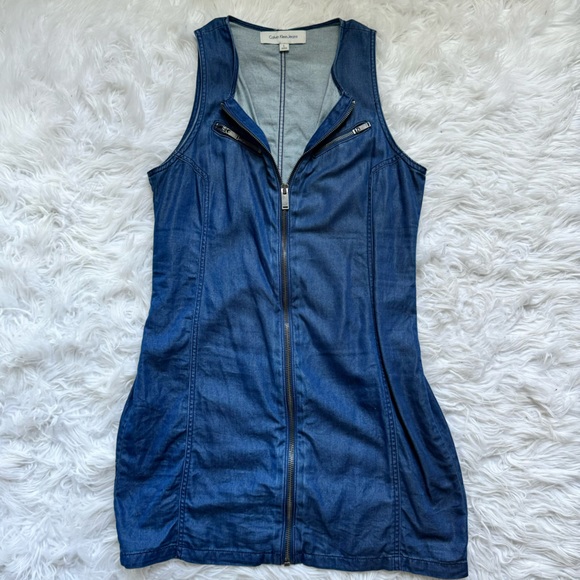 Calvin Klein Jeans Dark Denim Chambray Zip Up Mini Dress Size Large - Picture 1 of 7